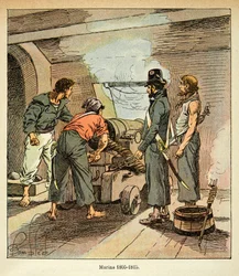Ilustração de Bombled Louis (1862-1927) do livro "O Memorial de Santa Helena" do Conde Emmanuel de Las Cases (1766-1842): Marinheiros franceses entre 1805 e 1815, Coleção Particular