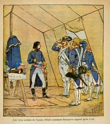 Ilustração de Bombled Louis (1862-1927) do livro "O Memorial de Santa Helena" do Conde Emmanuel de Las Cases (1766-1842): Os antigos soldados do exército italiano, nomeados Cabo Bonaparte após a Batalha de Lodi em 1796, Coleção Privada