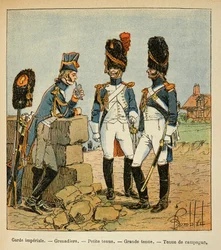 Ilustração de Bombled Louis (1862-1927) do livro "O Memorial de Santa Helena" do Conde Emmanuel de Las Cases (1766-1842): Grenadiers da Guarda Imperial: Roupa pequena; roupa grande e roupa de campo, coleção privada