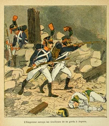 Ilustração de Bombled Louis (1862-1927) do livro "O Memorial de Santa Helena" do Conde Emmanuel de Las Cases (1766-1842): O imperador Napoleão enviou sua guarda a Aspern durante a Batalha de Essling