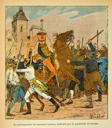 Ilustração de Bombled Louis (1862-1927) do livro "O Memorial de Santa Helena" do Conde Emmanuel de Las Cases (1766-1842): O parlamentar de Marechal Lannes maltratado pela população de Viena, Coleção Privada