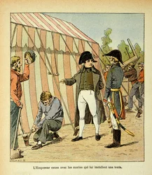 Ilustração de Bombled Louis (1862-1927) do livro "O Memorial de Santa Helena" do Conde Emmanuel de Las Cases (1766-1842): O Imperador Napoleão fala com os marinheiros que lhe montaram uma tenda, Coleção Particular
