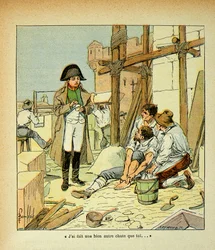 Ilustração de Bombled Louis (1862-1927) do livro «O Memorial de Santa Helena», do conde Emmanuel de Las Cases (1766-1842): Na ilha de Elba, caiu um pedreiro empregado nas construções ordenadas pelo Imperador. Napoleão, tentando consolá-lo, disse