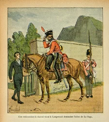 Ilustração de Bombled Louis (1862-1927) do livro "O Memorial de Santa Helena" do Conde Emmanuel de Las Cases (1766-1842): Uma ordenança a um cavalo chega a Longwood pedindo o atlas de Le Sage, Coleção Parcial