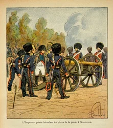 Ilustração de Bombled Louis (1862-1927) do livro "O Memorial de Santa Helena" do Conde Emmanuel de Las Cases (1766-1842): O próprio Imperador Napoleão aponta as armas da Guarda na Batalha de Montereau, Coleção Particular