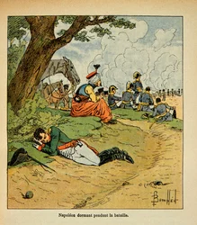 Ilustração de Bombled Louis (1862-1927) do livro "O Memorial de Santa Helena" do Conde Emmanuel de Las Cases (1766-1842): O Imperador Napoleão dormindo durante a batalha, Coleção Particular