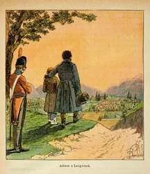 Ilustração de Bombled Louis (1862-1927) do livro "O Memorial de Santa Helena" do Conde Emmanuel de Las Cases (1766-1842): Adeus a Las Cases e seu filho a Longwood, Coleção Particular