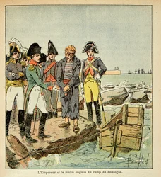 Ilustração de Bombled Louis (1862-1927) do livro "O Memorial de Santa Helena" do Conde Emmanuel de Las Cases (1766-1842): Um marinheiro inglês que procura juntar-se ao seu país libertado pelo Imperador no acampamento de Boulogne, Coleção Particular