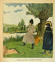 Ilustração de Bombled Louis (1862-1927) do livro "The Memorial of St. Helene" do Conde Emmanuel de Las Cases (1766-1842): Na ilha de Laubo, durante a batalha de Esling, Napoleão arriscando-se, um oficial austríaco chama o Imperador "Withdr