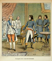 Ilustração de Bombled Louis (1862-1927) do livro "The Memorial of St. Helene" do Conde Emmanuel de Las Cases (1766-1842): Entrevista entre Bonaparte e o Conde Louis Cobenzl, Chanceler da Áustria durante o comércio de Campo Formio, Coleção Privada