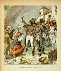 Ilustração de Bombled Louis (1862-1927) do livro "The Memorial of St. Helene" do Conde Emmanuel de Las Cases (1766-1842): Bonaparte cessa o saque de Roma, Coleção Particular
