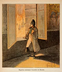 Ilustração de Bombled Louis (1862-1927) do livro "The Memorial of St. Helene" do Conde Emmanuel de Las Cases (1766-1842): O Imperador Napoleão contempla o incêndio de Moscou em setembro de 1812, Coleção Particular
