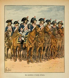Ilustração de Bombled Louis (1862-1927) do livro "The Memorial of St. Helene" do Conde Emmanuel de Las Cases (1766-1842): Cavalaria com a Armee da Itália, Coleção Particular