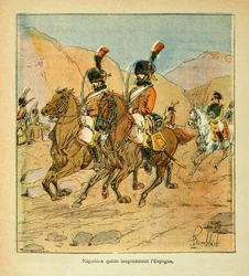 Ilustração de Bombled Louis (1862-1927) do livro "The Memorial of St. Helene" do Conde Emmanuel de Las Cases (1766-1842): O Imperador Napoleão deixa urgentemente a Espanha
