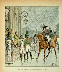 Ilustração de Bombled Louis (1862-1927) do livro "The Memorial of St. Helene" do Conde Emmanuel de Las Cases (1766-1842): Imperador Napoleão, Rei da Prússia e Czar Alexandre I (1777-1825) no Tratado de Tilsitt em 1807, Coleção Privada