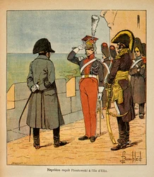 Ilustração de Bombled Louis (1862-1927) do livro "The Memorial of St. Helene" do Conde Emmanuel de Las Cases (1766-1842): O Imperador Napoleão recebe o Marechal Poniatowski na Ilha Elba, Coleção Particular