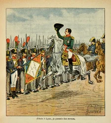 Ilustração de Bombled Louis (1862-1927) do livro "The memorial se Sainte Helene" do Conde Emmanuel de Las Cases (1766-1842): O Imperador Napoleão passa as tropas em críticas, Coleção Privada