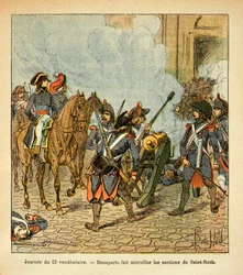 Ilustração de Bombled Louis (1862-1927) do livro "The memorial se Sainte Helene" do Conde Emmanuel de Las Cases (1766-1842): Dia 13 de sexta-feira, Bonaparte faz as seções de São Roch atirar com um canhão, Coleção Particular