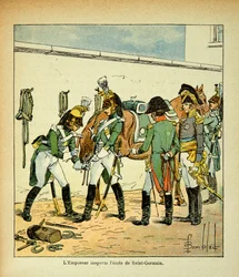Ilustração de Bombled Louis (1862-1927) do livro "The memorial se Sainte Helene" do Conde Emmanuel de Las Cases (1766-1842): O Imperador Napoleão inspeciona a escola de Saint Germain, Coleção Particular