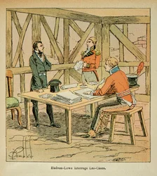 Ilustração de Bombled Louis (1862-1927) do Conde Emmanuel de Las Cases (1766-1842): Governador Hudson Lowe (1769-1844) questiona Las Cases, Coleção Privada