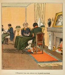 Ilustração de Bombled Louis (1862-1927) do livro "O Memorial de Santa Helena" do Conde Emmanuel de Las Cases (1766-1842): Napoleão e o Grande Marechal Henri Gatien Bertrand (1773-1844) jogando xadrez em agosto de 1816 em Ste Helene, Coleção Privada