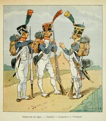 Ilustração de Bombled Louis (1862-1927) do livro "O Memorial de Santa Helena" do Conde Emmanuel de Las Cases (1766-1842): Armee Francaise: Linha de infantaria: Fusilier, granadeiro e voltiger, coleção privada
