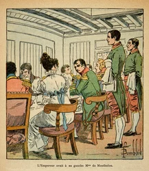 Ilustração de Bombled Louis (1862-1927) do livro "O Memorial de Santa Helena" do Conde Emmanuel de Las Cases (1766-1842): Jantar do Imperador Napoleão a bordo do Northumberland, a caminho de Santa Helena, com a Sra. De Montholon à sua esquerda, Soldado