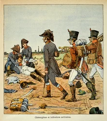 Ilustração de Bombled Louis (1862-1927) do livro "O Memorial de Santa Helena" do Conde Emmanuel de Las Cases (1766-1842): Retrato de cirurgiões militares e enfermeiras da Grande Armee, Coleção Particular