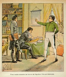 Ilustração de Bombled Louis (1862-1927) do livro "O Memorial de Santa Helena" do Conde Emmanuel de Las Cases (1766-1842): Napoleão dita seus memoriais a Las Casos, Coleção Privada