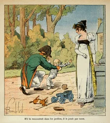 Ilustração de Bombled Louis (1862-1927) do livro "O Memorial de Santa Helena" do Conde Emmanuel de Las Cases (1766-1842): Napoleão brincando com seu filho na presença de Marie Louise, Coleção Particular