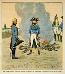 Ilustração de Bombled Louis (1862-1927) do livro "O Memorial de Santa Helena" do Conde Emmanuel de Las Cases (1766-1842): primeiro encontro entre Bonaparte e marechal Henri Gatien Bertrand (1773-1844), depois oficial do génio no exército da Itália