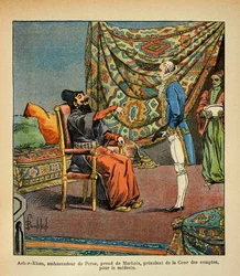 Ilustração de Bombled Louis (1862-1927) do livro "O Memorial de Santa Helena" do Conde Emmanuel de Las Cases (1766-1842): O embaixador persa, Asker - Khan, em visita a Paris, leva Francois Barbe-Marbois (Barbe Marbois) (1745-1837), presidente