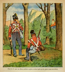 Ilustração de Bombled Louis (1862-1927) do livro "O Memorial de Santa Helena" do Conde Emmanuel de Las Cases (1766-1842): Soldados ingleses encarregados da vigilância de O Imperador Napoleão em Santa Helena, Coleção Privada