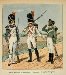Ilustração de Bombled Louis (1862-1927) do livro "O Memorial de Santa Helena" do Conde Emmanuel de Las Cases (1766-1842): Garde Imperiale; Granadeiro do 1º regimento; Alunos do 2º regimento, Coleção Particular