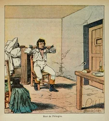 Ilustração de Bombled Louis (1862-1927) do livro "O Memorial de Santa Helena" do Conde Emmanuel de Las Cases (1766-1842): Morte de Jean Charles Pichegru (1761-1804) na sua prisão em 1804, Coleção Particular