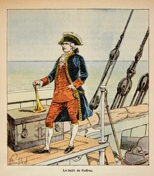 Ilustração de Bombled Louis (1862-1927) do livro "O Memorial de Santa Helena" do Conde Emmanuel de Las Cases (1766-1842): Retrato de Pierre Andre de Suffren (1729 - 1788), conhecido como Bailiff of Suffren, Vice-Almirante, Coleção Privada