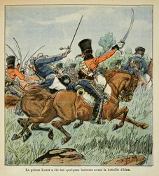 Ilustração de Bombled Louis (1862-1927) do livro "O Memorial de Santa Helena" do Conde Emmanuel de Las Cases (1766-1842): Morte do Príncipe Louis Ferdinand da Prússia (1772-1806) durante a Batalha de Saalfeld em 10 de outubro