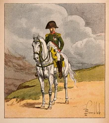 Ilustração de Bombled Louis (1862-1927) do livro "O Memorial de Santa Helena" do Conde Emmanuel de Las Cases (1766-1842): Retrato Equestre do Imperador Napoleão 1.er, Coleção Particular