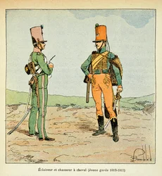 Ilustração de Bombled Louis (1862-1927) do livro "O Memorial de Santa Helena" do Conde Emmanuel de Las Cases (1766-1842): Armee Francaise: Escoteiro e caçador da jovem guarda 1813 - 1815, Coleção particular