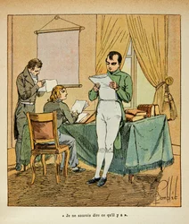 Ilustração de Bombled Louis (1862-1927) do livro "The Memorial of Saint Helene" do Conde Emmanuel de Las Cases (1766-1842): leitura de jornais ingleses de Napoleão a Ste Helene, Coleção Particular