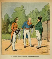 Ilustração de Bombled Louis (1862-1927) do livro "O Memorial de Santa Helena" do Conde Emmanuel de Las Cases (1766-1842): A Santa Helena, capitã inglesa presente ao imperador Napoleão um tenente, Coleção Particular
