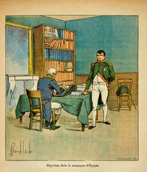 Ilustração de Bombled Louis (1862-1927) do livro "O Memorial de Santa Helena" do Conde Emmanuel de Las Cases (1766-1842): No exílio, o Imperador Napoleão dita seus memoriais ao grande marechal Henri Gatien Bertrand (1773-1844) sobre o golpe egípcio.