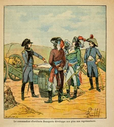 Ilustração de Bombled Louis (1862-1927) do livro "O Memorial de Santa Helena" do Conde Emmanuel de Las Cases (1766-1842): Napoleão Bonaparte expõe seu plano de levar Toulon aos comissários da República, Coleção Privada