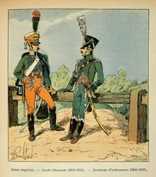 Ilustração de Bombled Louis (1862-1927) do livro "O Memorial de Santa Helena" do Conde Emmanuel de Las Cases (1766-1842): A Guarda Imperial: Guarda de Honra (1813 - 1814) e Constable of Ordinance (1806 - 1807), Coleção Particular