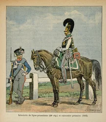 Ilustração de Bombled Louis (1862-1927) do livro "O Memorial de Santa Helena" do Conde Emmanuel de Las Cases (1766-1842): Infantaria da linha prussiana (42, regimento eme) e navios de guerra prussianos