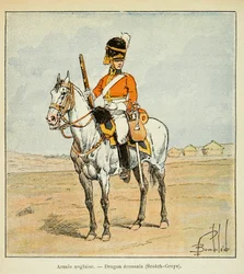 Ilustração de Bombled Louis (1862-1927) do livro "O Memorial de Santa Helena" do Conde Emmanuel de Las Cases (1766-1842): English Armee: Scottish Dragons (scotch greys), Coleção Particular