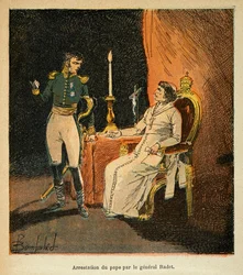 Ilustração de Louis Bombled (1862-1927) do livro "O Memorial de Santa Helena" do Conde Emmanuel de Las Cases (1766-1842): prisão do Papa Pio VII pelo General Stephen Radet (1762-1825) em 1809, Coleção Particular