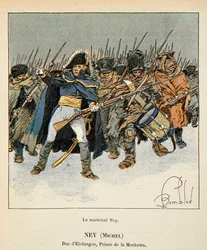Ilustração de Bombled Louis (1862-1927) do livro "The Memorial of St. Helene" do Conde Emmanuel de Las Cases (1766-1842): Retrato de Marechal Michel Ney (1769-1815), Duque de Elchingen, Príncipe de Moskova, durante o retiro da Rússia, Coleção Privada