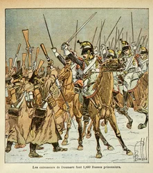 Ilustração de Bombled Louis (1862-1927) do livro "The Memorial of St. Helene" do Conde Emmanuel de Las Cases (1766-1842): O 9º regimento de navios de guerra do Coronel Doumere capturou 1800 russos durante a campanha russa, Coleção Privada
