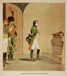 Ilustração de Bombled Louis (1862-1927) do livro "The Memorial of St. Helene" do Conde Emmanuel de Las Cases (1766-1842): Napoleão meditando no caixão de Frederic II da Prússia, na cripta de GarnisonKirche, em Potsdam, em 1806, Coleção Privada